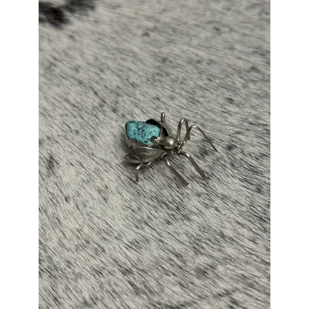 Native American Sterling Silver Turquoise Nugget Beetle Spider Bug Pin Brooch